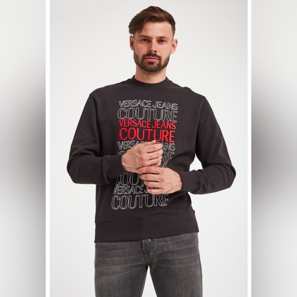 Versace Jeans Collection Black Crewneck with Red & White Logo Print Size L